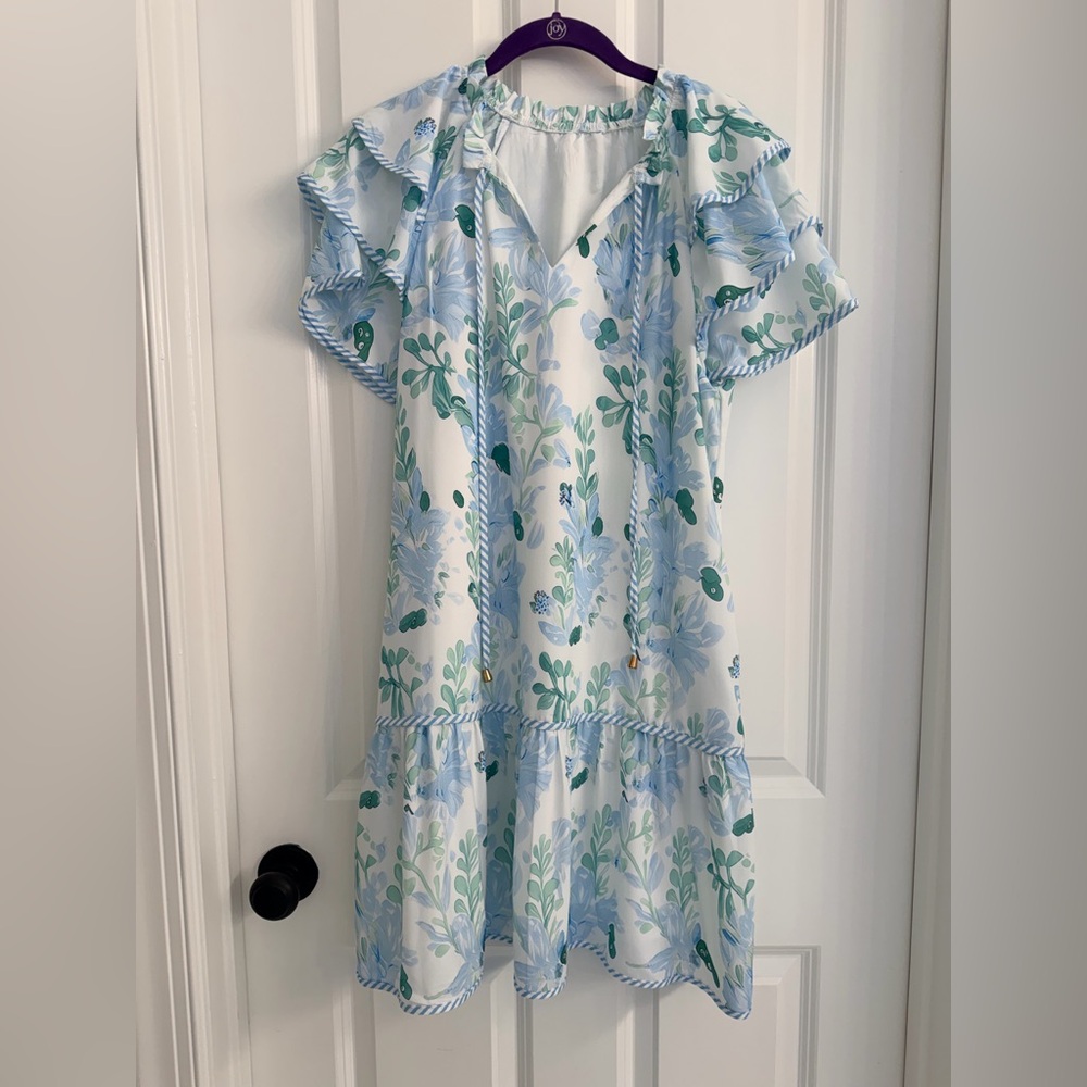 White Dress with Blue & Green Floral Print